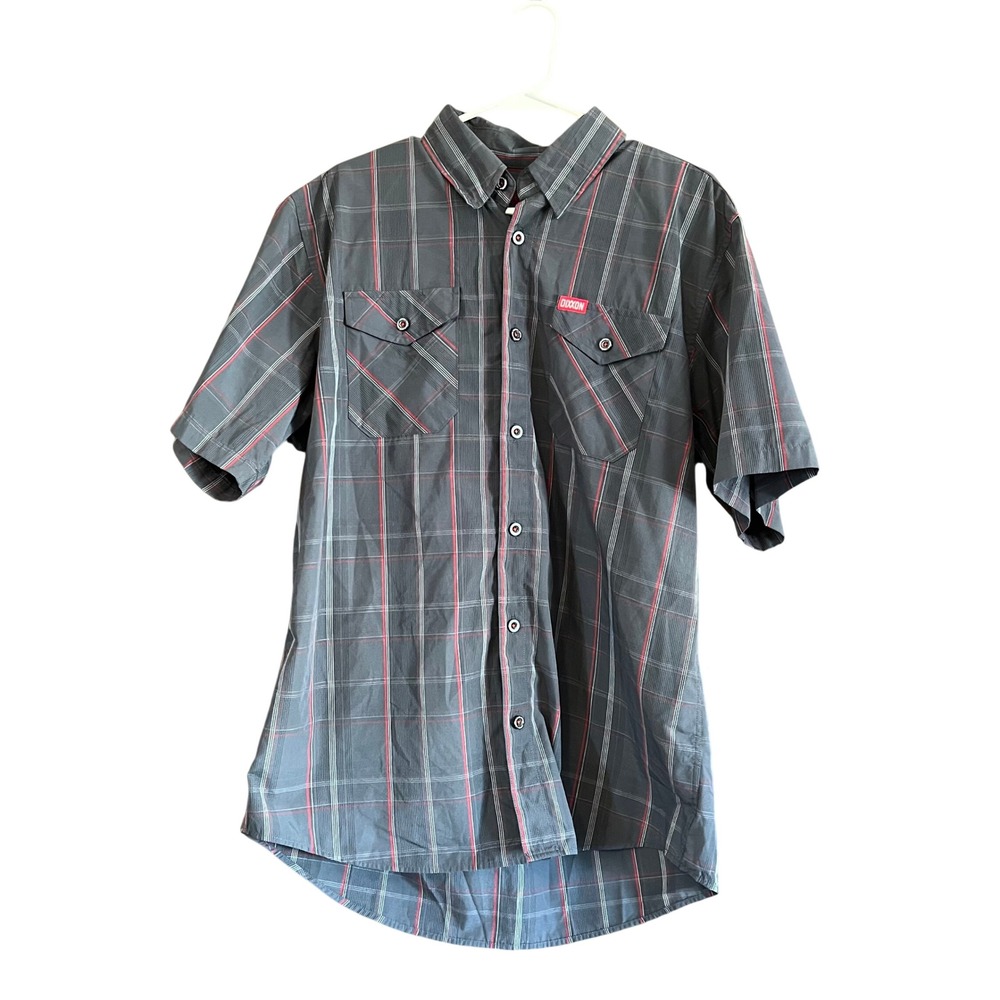 Dixxon Flannel Company The Loop Grey Red Plaid Bamboo Blend Short Sleeve Shirt